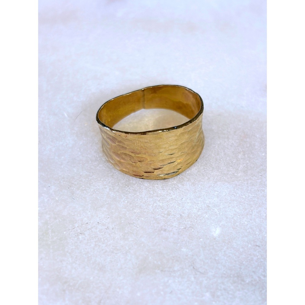 Gold Tone Hammered Textured Wide Cigar Band Ring Size 4.5